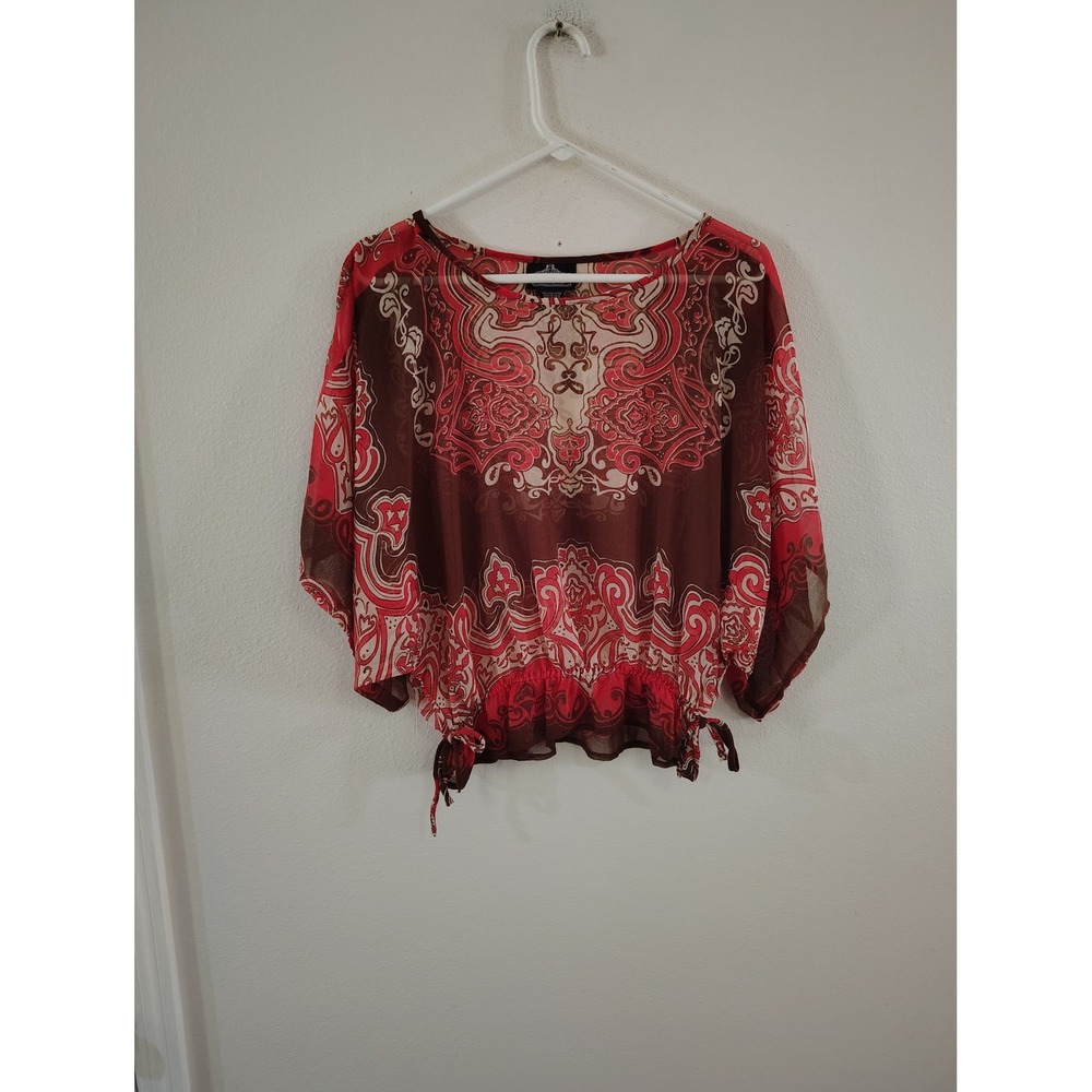 Angie Red Brown Paisley Sheer Boho Blouse Smocked Hem Dolman Sleeve Small